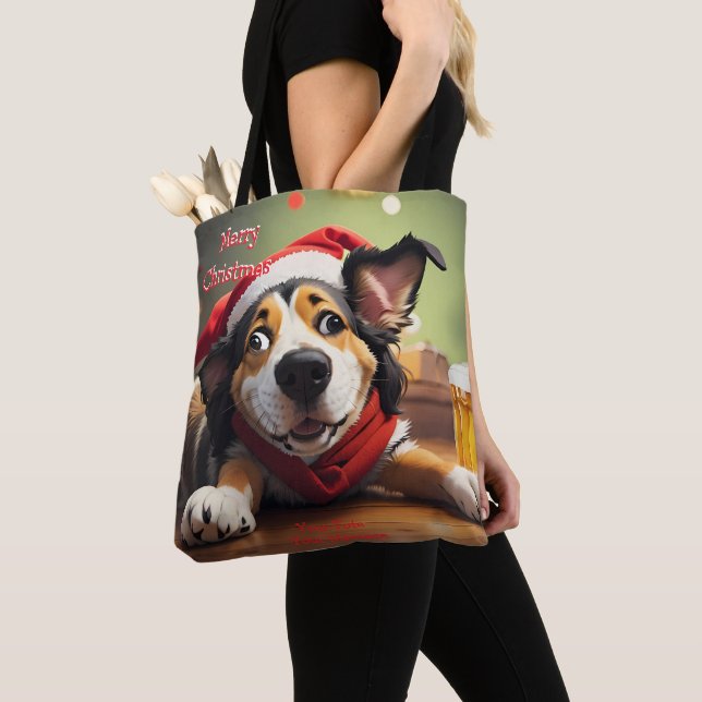 Bolsa Tote Engraçado Cachorro de Natal Festivo Saco (Close Up)