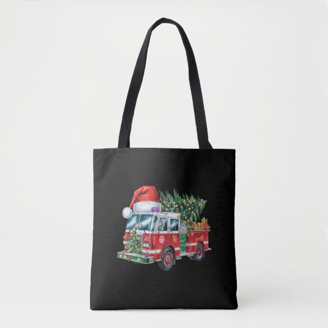 Bolsa Tote Engraçado caminhão de bombeiro Santa Hat Luzes de  (Frente)
