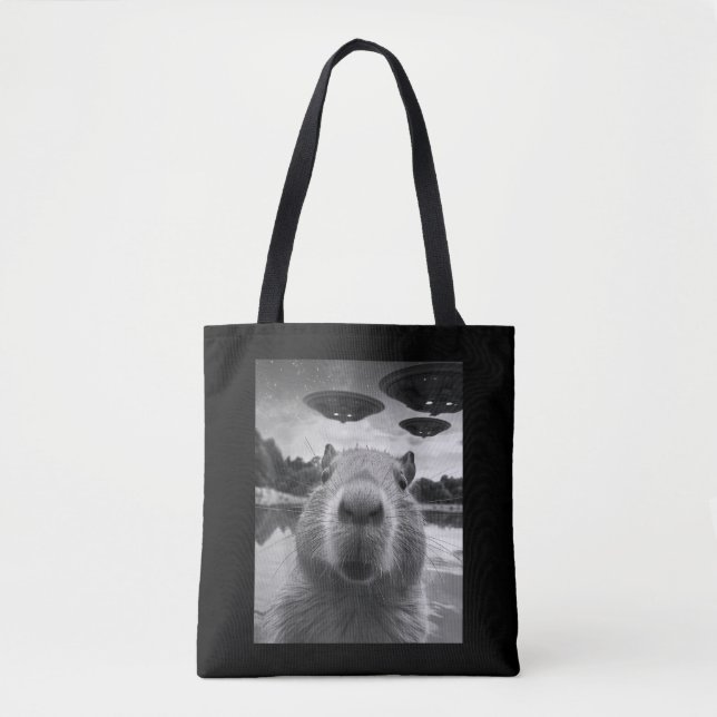 Bolsa Tote Engraçado Capybara Selfie com OVNIs esquisitos (Frente)