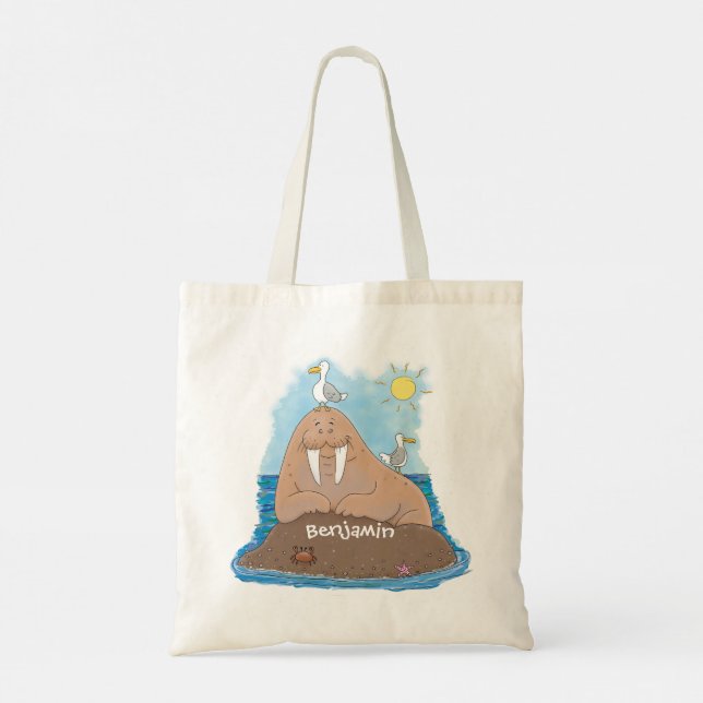 Bolsa Tote Engraçado ilustração do desenho animado de morsa f (Verso)