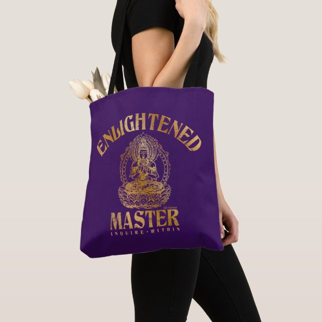 Bolsa Tote Engraçado "Mestre Iluminado" Faux Dourado em Roxo (Close Up)