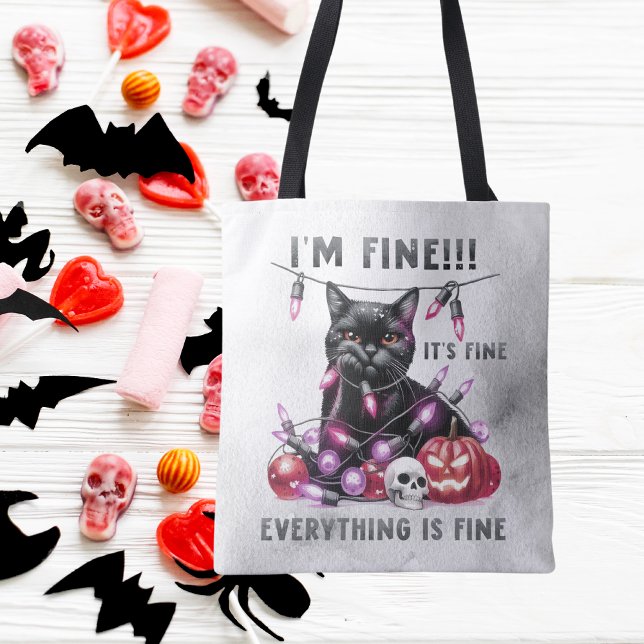Bolsa Tote Engraçado Negro Gato Luzes de Natal Halloween (Criador carregado)