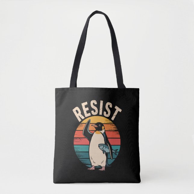 Bolsa Tote Engraçado Pinguim Resiste Protesto Contra Tarifas (Frente)