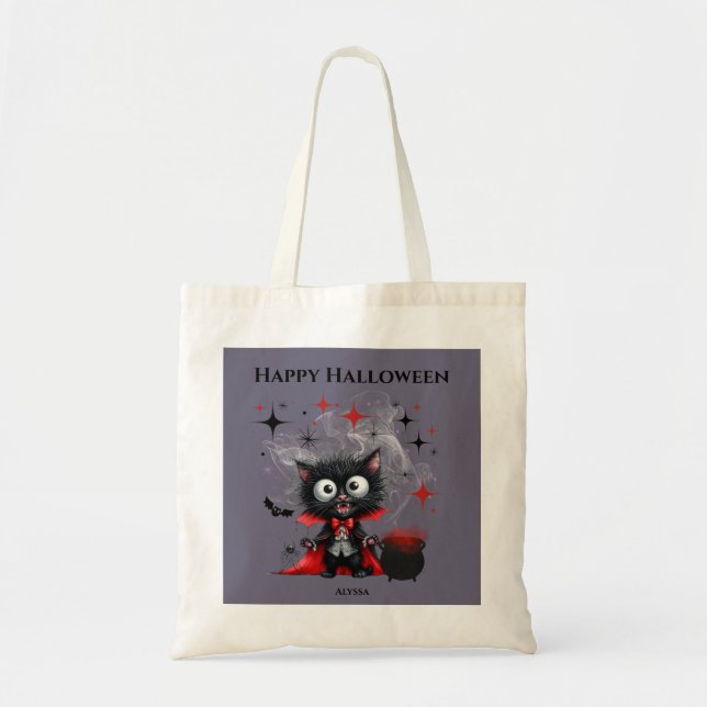Bolsa Tote Engraçado Vampiro Gatinho de Halloween ou Tratar (Frente)