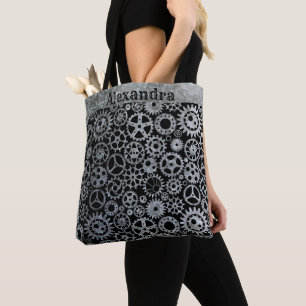 Bolsa Tote Engrenagens de Zinco Prata Steampunk Nome Personal