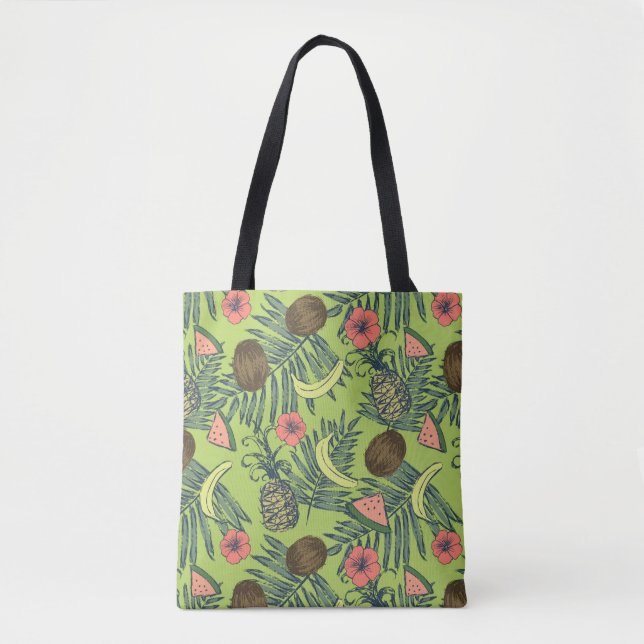 Bolsa Tote Esboço da fruta tropical no teste padrão verde (Frente)