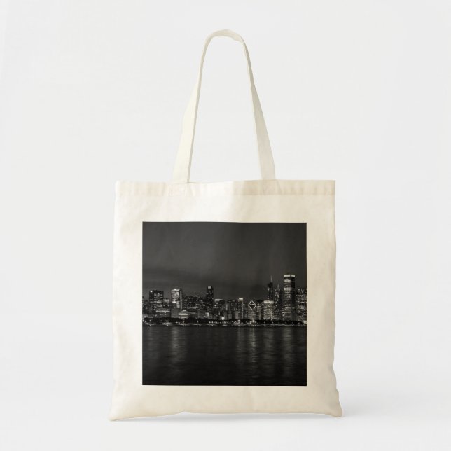 Bolsa Tote Escala de Cinza da Cidade de Chicago Night (Frente)