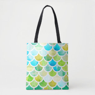 Bolsa Tote Escala de sereia. Balanças de peixe de aquarelas.