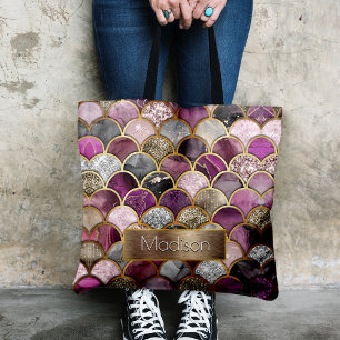 Bolsa Tote Escala de sereia de ouro roxo, rosa-claro