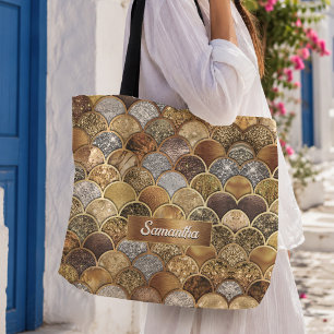 Bolsa Tote Escamas de sereia femininas elegantes em dourado