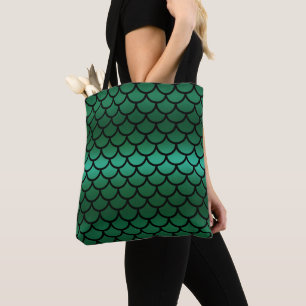 Bolsa Tote Escamas de Sereia Verde e Preto Fantasia Peixe