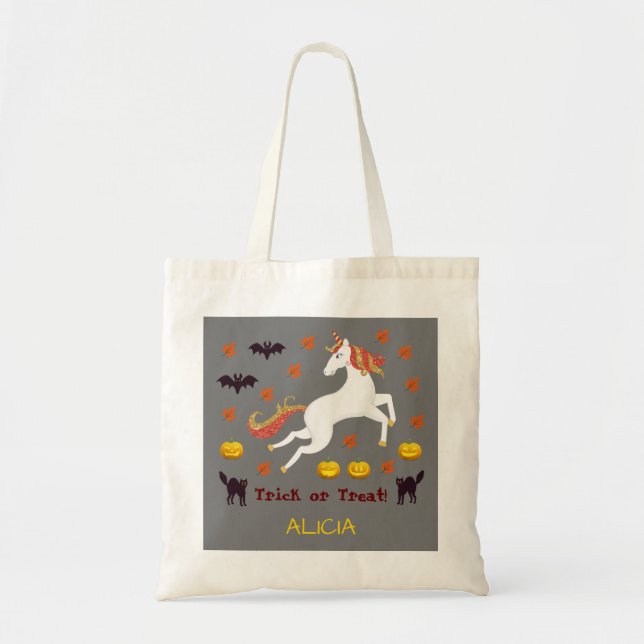 Bolsa Tote Escarnece de Cinza do Halloween Unicorn Pumpkins B (Frente)