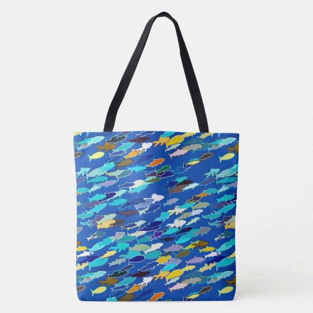 Bolsa Tote Escola de Peixes, Azul Escuro, Branco e Turquesa (Frente)