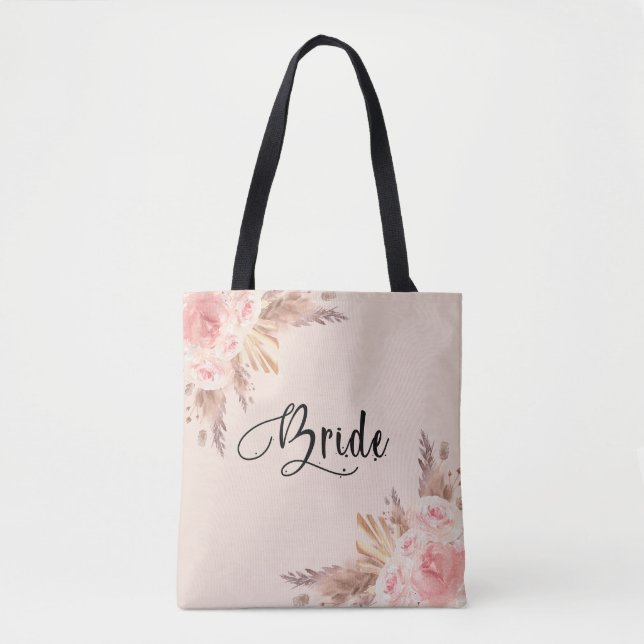 Bolsa Tote Escrita floral rosa dourada-pampas-noiva-noiva (Frente)