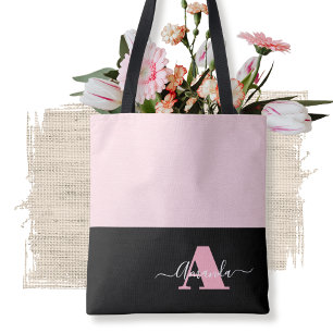 Bolsa Tote Escrita Moderna do Monograma Branco Preto Cor-de-R
