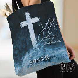 Bolsa Tote Escritura Azul Escura Cruz em Água Personalizada