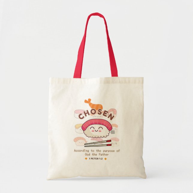 Bolsa Tote Escritura de Sushi "Escolhida" Cristã Bonita Inspi (Frente)