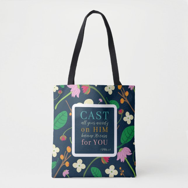 Bolsa Tote Escritura Floral 1 Peter 5:7 (Frente)