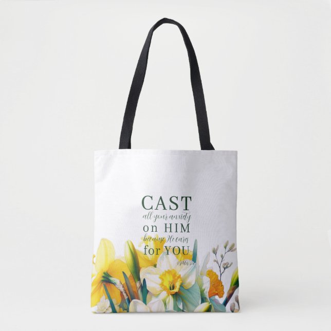 Bolsa Tote Escritura Floral 1 Peter 5:7 (Frente)