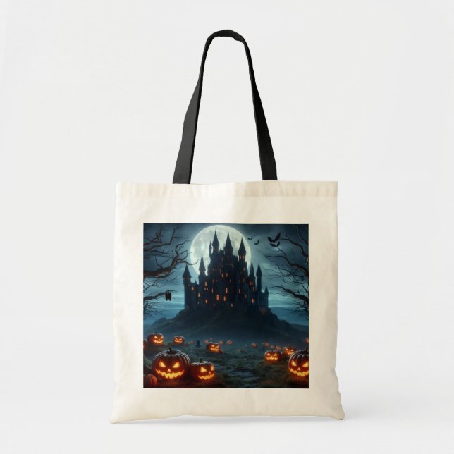 Bolsa Tote Escuro, castelo medieval, morcegos e abóboras (Frente)