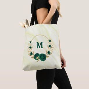 Bolsa Tote esmeralda flores verdes ouro folhas sacola de márm
