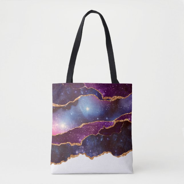 Bolsa Tote Espaço Azul e Roxo e Estrelas com Faixa Dourada (Frente)