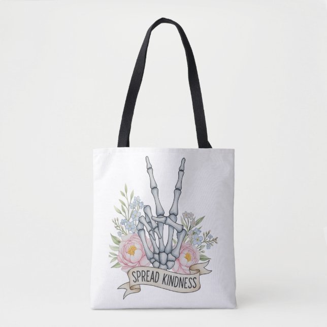 Bolsa Tote "Espalhe a Bondade" Sinal de Paz Esqueleto – Aquar (Frente)