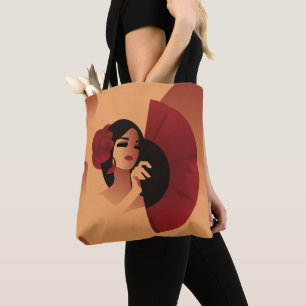 Bolsa Tote Espanhola com fã e rosa vermelha no cabelo