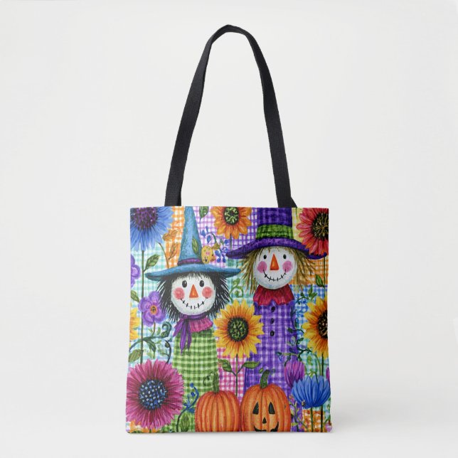 Bolsa Tote Espantalhos e Abóboras, Halloween, (Frente)