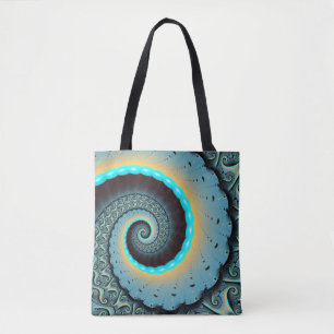 Bolsa Tote Espiral de Arte Fractal Laranja abstrato azul Turq