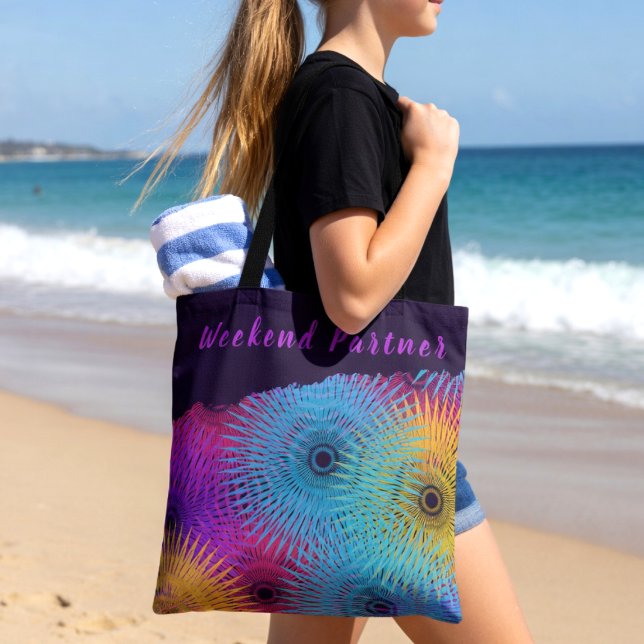 Bolsa Tote Espiral Geométrica Colorida (Weekend vibes tote brings color to the beach. custom text.)