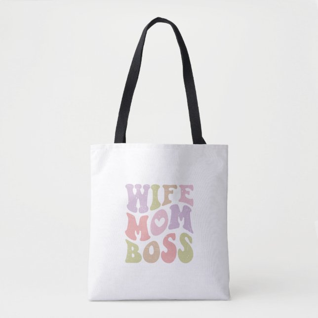 Bolsa Tote Esposa Mãe Chefe Script Retro Groovy Dia das Mães  (Frente)