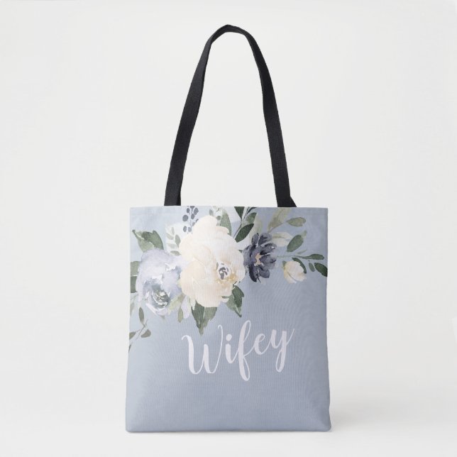 Bolsa Tote Esposa personalizada, empoeirada, azul-poeirento (Frente)