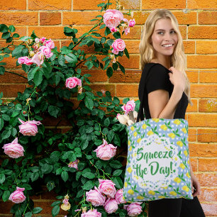 Bolsa Tote Esprema O Dia Limões Amarelos Xadrez Azul Branco