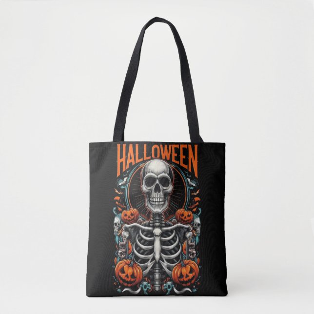 Bolsa Tote Esqueleto Assustador com Abóboras Macabro Hallowee (Frente)
