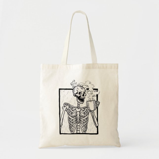 Bolsa Tote esqueleto do bebendo de café halloween (Frente)
