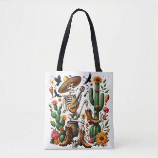 Bolsa Tote Esqueleto mexicano tocando violão entre cactos