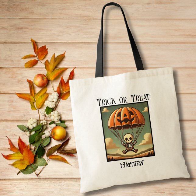 Bolsa Tote Esqueleto Spooky no Paraquedas de Pumpkin, Hallowe (Criador carregado)