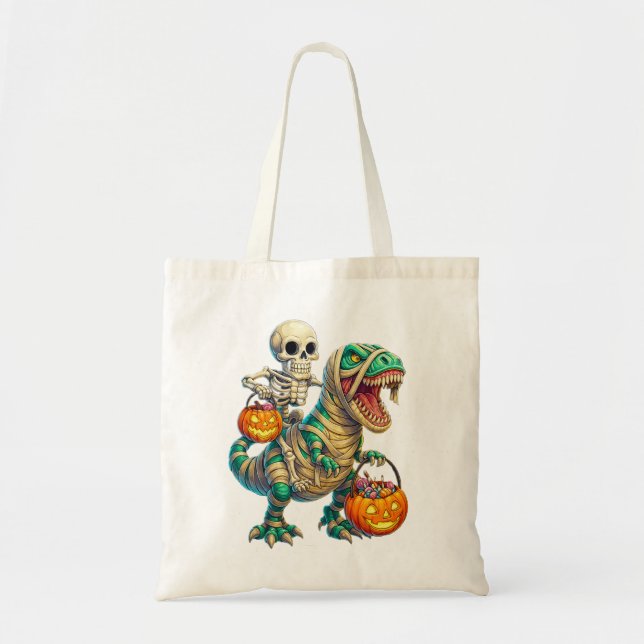 Bolsa Tote Esqueleto Whimsso Andando Múmia T-Rex Halloween (Frente)