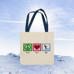 Bolsa Tote Esqui de Esqui de Paz<br><div class="desc">Um presente bonito de tote de esqui para um esquiador ávido que adora levar para as encostas no inverno. Um sinal de paz,  coração,  e uma pessoa em esquis,  descendo uma montanha de neve em azul bonito. Um legal presente de Natal de esqui.</div>