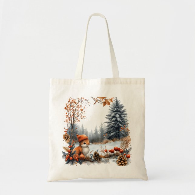 Bolsa Tote Esquilo de Inverno na Floresta Geada (Frente)