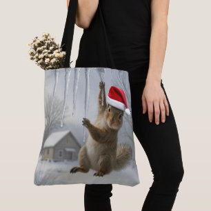 Bolsa Tote Esquilo de Natal Pendurado em uma Pingente de Gelo