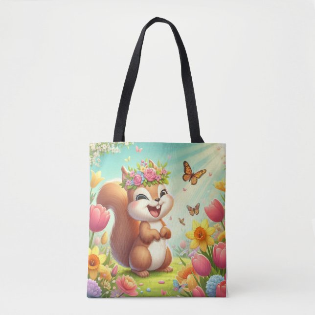 Bolsa Tote Esquilo de primavera feliz e bonito (Frente)