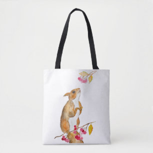 Bolsa Tote Esquilo engraçado em aquarela em um galho com frut