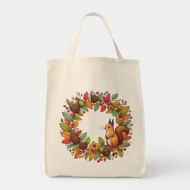 Bolsa Tote Esquilo Feliz nas folhas do outono (Frente)