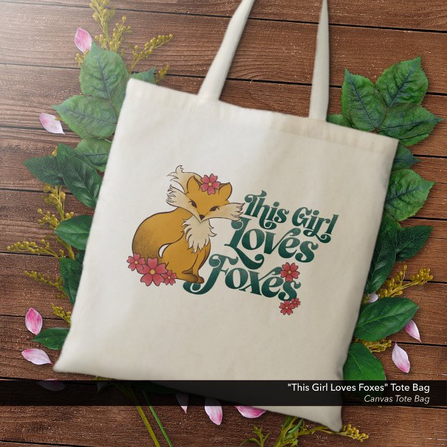 Bolsa Tote Esta Rapariga Adora Raposas ("This Girl Loves Foxes" -  Canvas Tote Bag with Cute Fox and Flowers Artwork.)