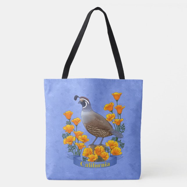 Bolsa Tote Estado da Califórnia - Pássaro Quail & Ouro Poppy (Frente)
