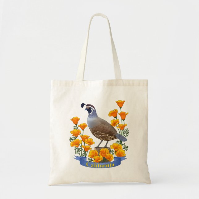 Bolsa Tote Estado da Califórnia - Pássaro Quail & Ouro Poppy (Frente)