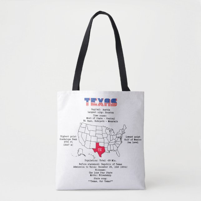 Bolsa Tote Estado do Texas americano em um mapa e informações (Frente)