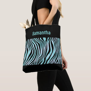 Bolsa Tote Estampa de Zebra em Preto e Turquesa Mo